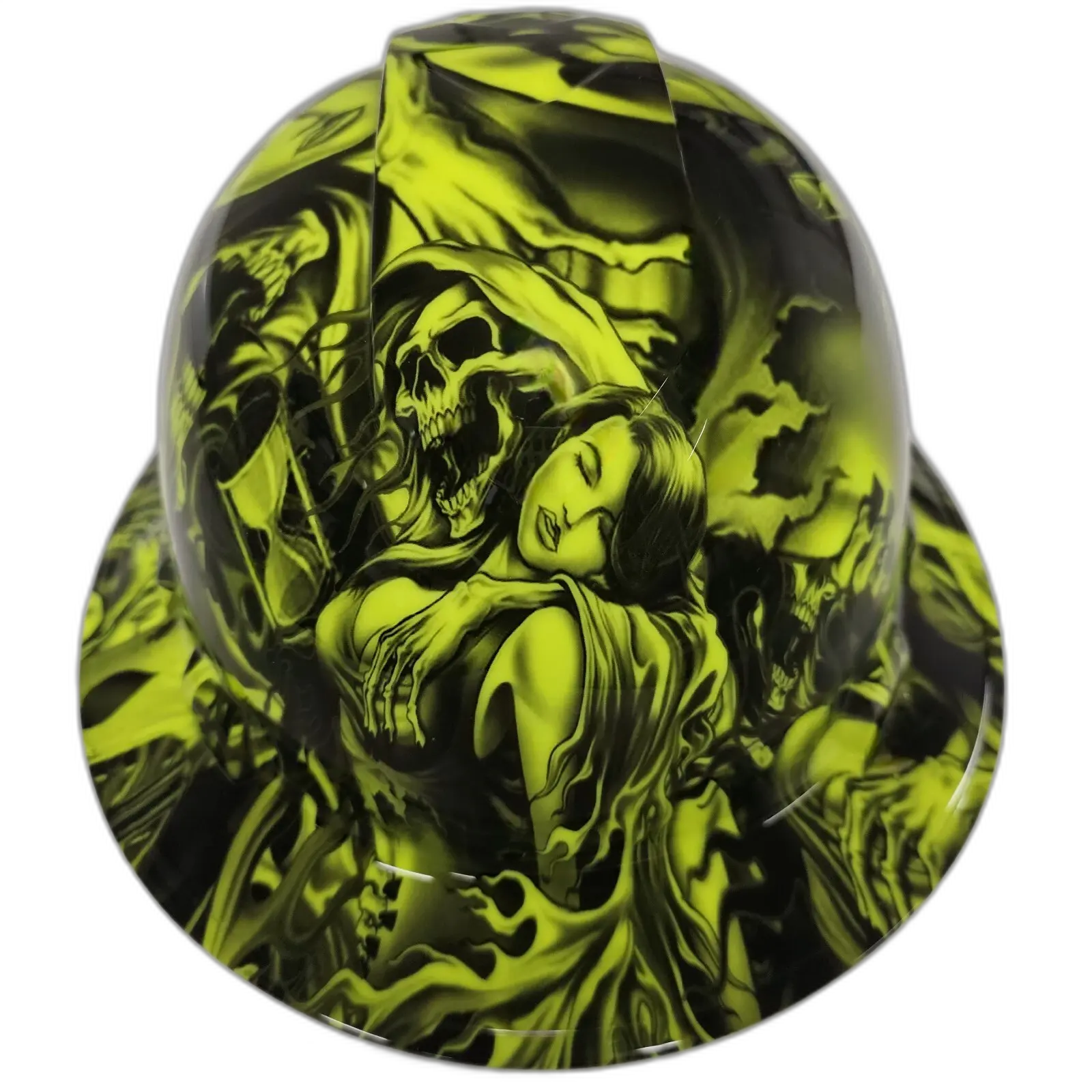 Lime Green Gothic Reaper Art - Custom Hydro Dipped Full Brim Hard Hat