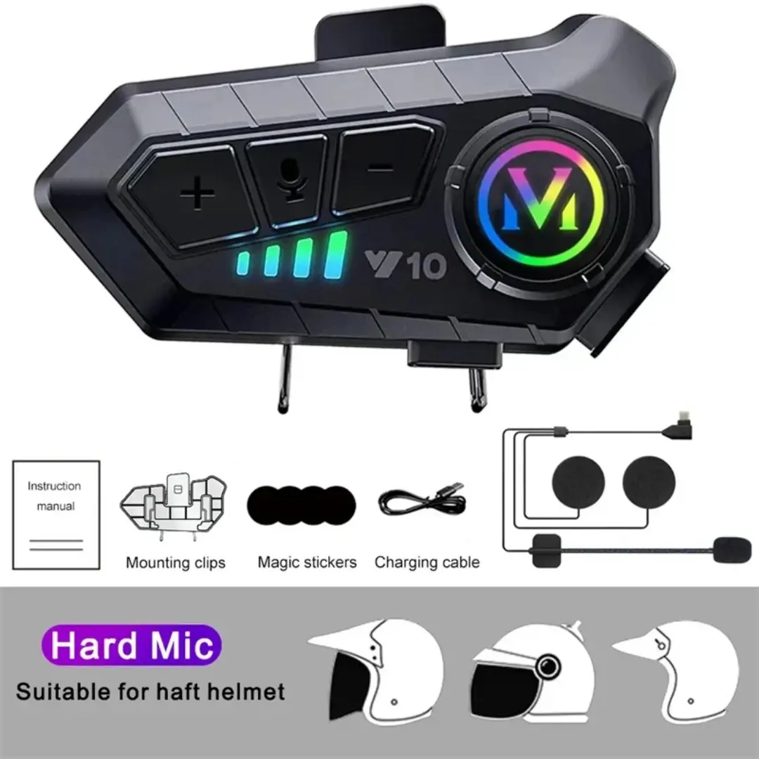 In-Ear Bluetooth Headset for Motorcycle Full Face Helmet - 1000mAh Battery, IPx6 Waterproof, Voice Control, Wireless Hands-Free Calls, Ambient Light, Easy Install & Use, Cellphone Compatible, USB Charging Cable, Plastic, 1*Base, 1*User Manual Included