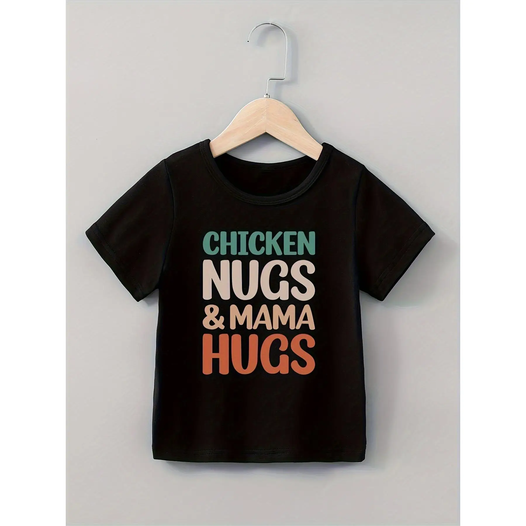 Cotton Knitted Fabric | Teen Cotton Crew Neck T-shirt, "Chicken Nugs& Mama Hugs" Letter Print, Casual Short Sleeve Pullover, Comfortable Fit for All