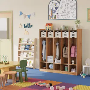 Kids Classroom Coat Locker with 10 Cubbies and 10 Hooks, 5-Section Cubby Storage Organizer for Home, School, Nursery or Kindergarten, Wooden Entryway Backpack and Toy Storage Cabinet with Open Shelves