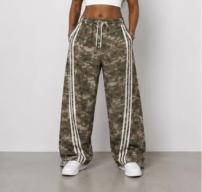 Flooo Women’s Camo Triple-Stripe Baggy Track Pants – American Streetwear Wide-Leg Joggers