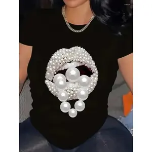Pearl Lip Graphic Tee Women Cute 3D Beaded Print Oversized Crewneck Short Sleeve Soft Casual Streetwear Y2K Outfit Top For Summer Travel