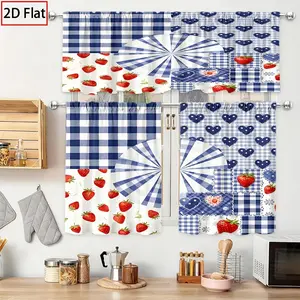 SoftHaven Home Made in USA 3PCS Set Blue White Plaid Red Strawberry Semi-Transparent Polyester Curtains, 2D Flat Kitchen Window Drapes, Perfect for Independence Day Decor, Ideal for Bedroom, Living Room and Home Interior Decoration