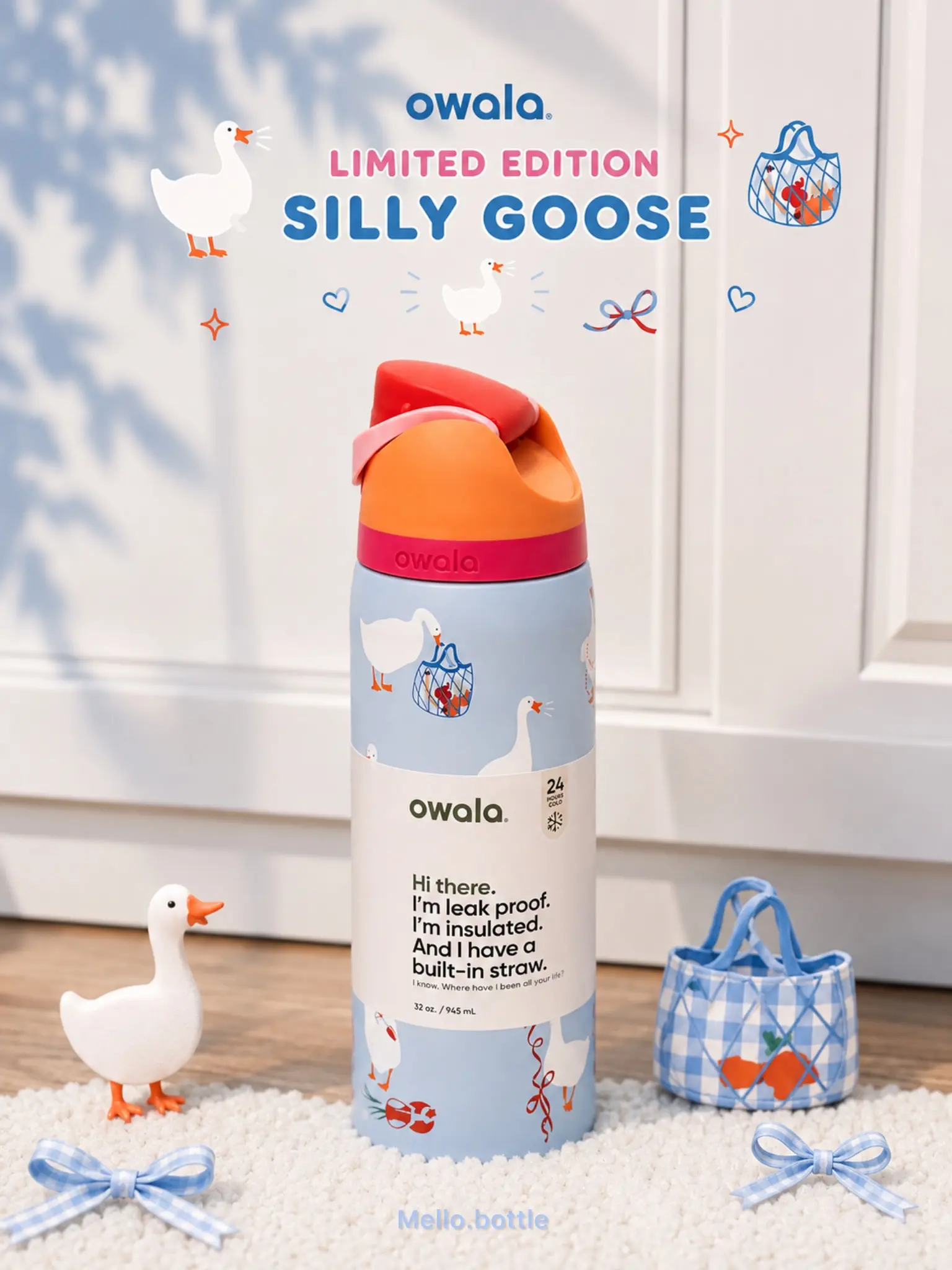 ow-003Owala FreeSip 32oz Silly Goose Insulated Water Bottle, Cute Goose Print Stainless Steel Bottle with Straw and Leakproof Lid