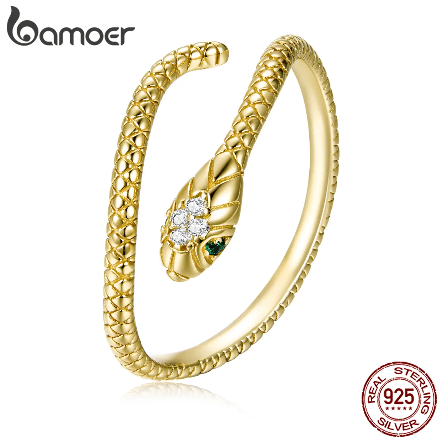 BAMOER 925 Sterling Silver Punk Style Decorated Snake Cuff Ring For Women Real Gold Rings Adjustable Hypoallergenic Silver Jewelry Birthday Gift To Wi