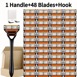 1 Handle+48 Blades, Men's 6-layer Manual Shaving Set, Anti Slip Handle, High-quality Stainless Steel Blades with Skin Protection System, Smooth, Comfortable and Easy To Clean Shaving, Comes with A Stainless Steel Hook As A Gift