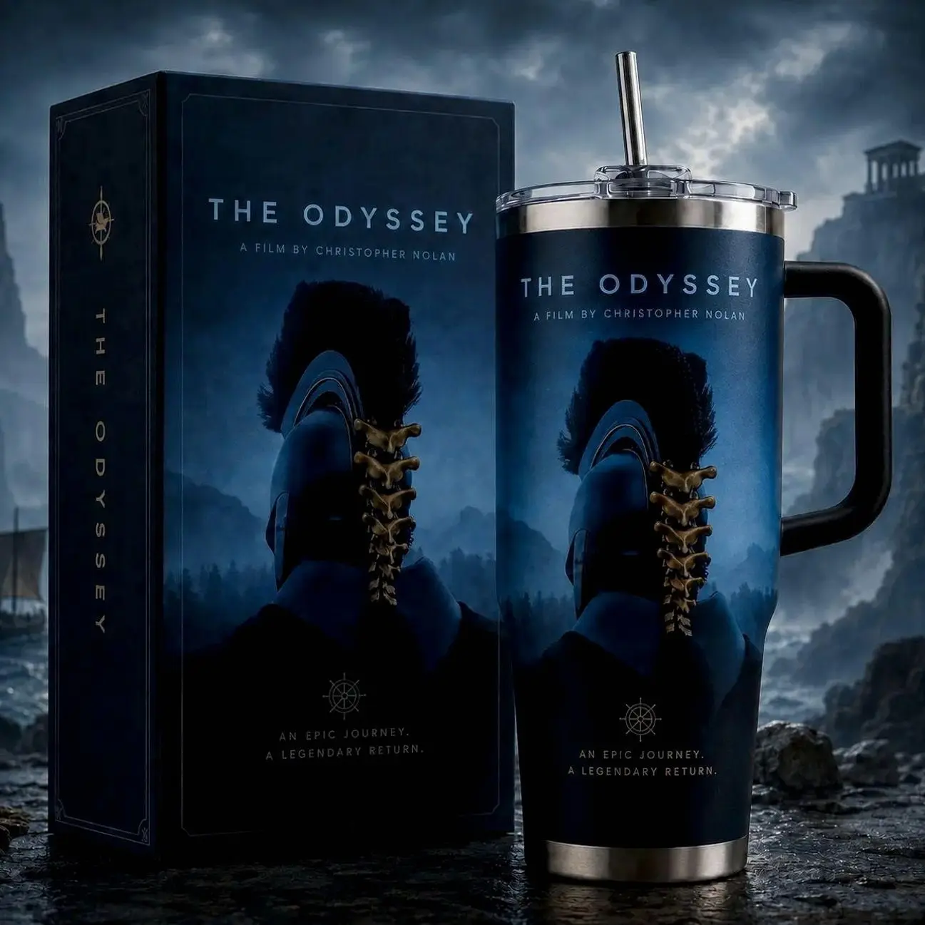 The Odyssey 2026 Movie 40oz Insulated Tumbler With Handle & Straw, A Legendary Return Stainless Steel By Chistopher Nolan Travel Mug, Odysseus Ithaca Journey Cup