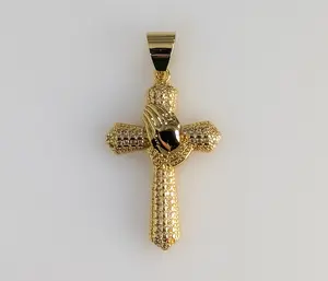 Plated Blinged Cross with Praying Hands Pendant