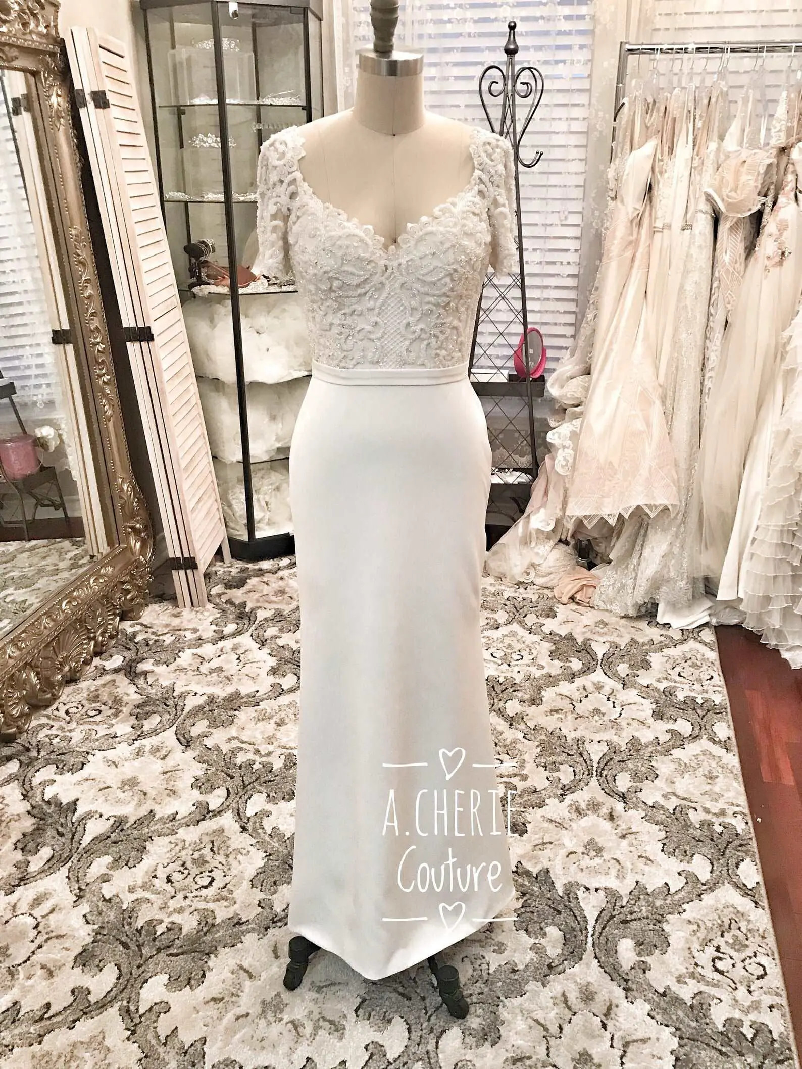 Women's Form-Fitting Sheath Wedding Dress - Heavily Beaded Bodice, Short Sleeves, Tulle Lace, Detachable Skirt, Zipper Buttons Bridal Outfit by Allie