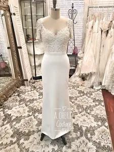Women's Form-Fitting Sheath Wedding Dress - Heavily Beaded Bodice, Short Sleeves, Tulle Lace, Detachable Skirt, Zipper Buttons Bridal Outfit by Allie