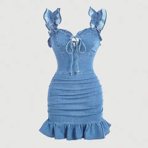 Women's Ruched Ruffle-Hem Tie-Front Denim Dress, Ruffle Detail Dress, Fashion Casual Cute Sleeveless Short Dress for Daily and Outdoor Wear, Ladies Clothes for Summer, Womenswear