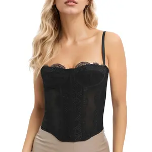Lace Bustier Corset Tops for Women Going Out Mesh Overbust Adjustable Strap Waist Cincher Crop Bustier Party Rave Date Night Outfit Tank Top
