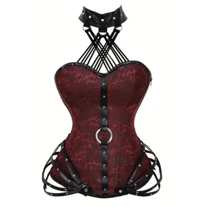 Gothic corset — strapless, 11 steel rings, fitted shapewear with side zipper — black floral women’s costume/cosplay outfit for Halloween punk style