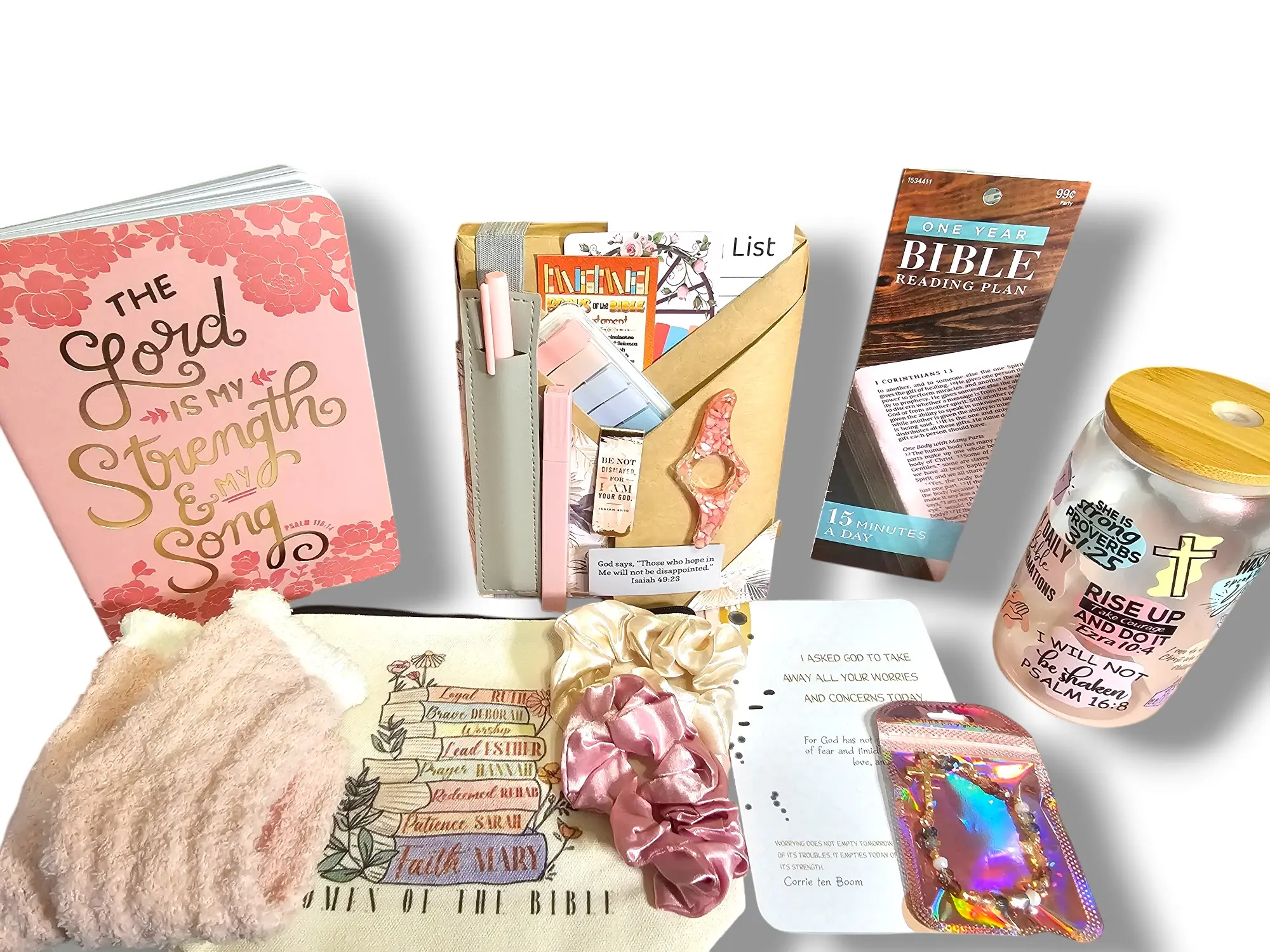 Christian Faith Devotional Book Blind Date Themed Gift Box - Office Stationery Bundle with 1-Year Bible Reading Plan, Devotion Tools, Bracelet, Cozy Socks, Straw Glass Cup, Sticker Set, Book Accessories for Religious Office Needs, Religious Party Favors,,