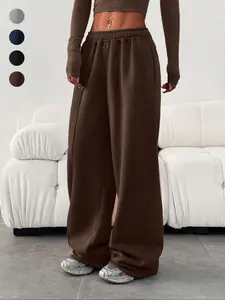 Women High Waist Wide Leg Lounge Pants Elastic Waist Baggy Fit Brown Solid Color Soft Fabric Relaxed Fit Minimalist Style Casual Trousers Korean Athleisure Daily Wear Fall Winter Streetwear Oversized Comfy Home Wear Bottoms Casual Loose Pants
