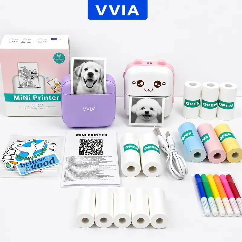 Portable Thermal Label Printer with Built-in 1200mAh Lithium Battery, USB-Rechargeable Wireless Compact Mini Design, 1 Set w/ DIY Random Stickers, Optional 1/13 Rolls Thermal Paper (FCC ID Included) for Office, School Use