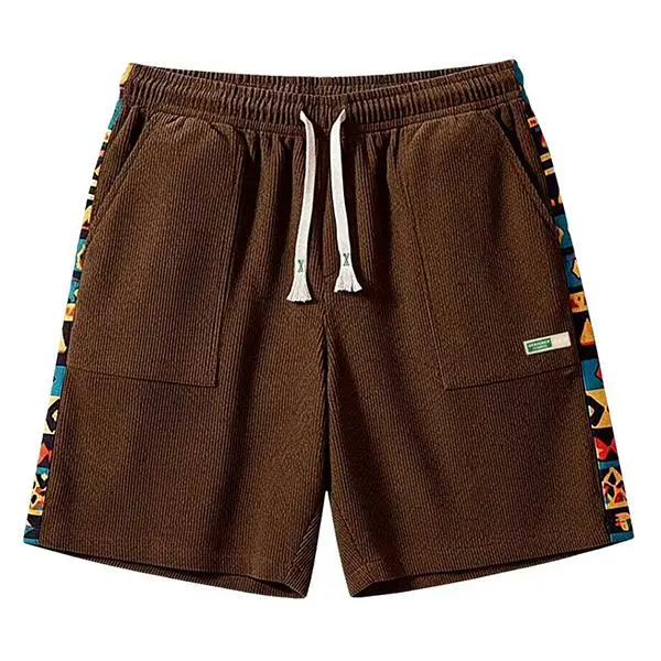 Men’s corduroy drawstring shorts, two pack, American streetwear style with geometric side print, retro casual design, adjustable drawstring waistband, large pocketed front, suitable for men who appreciate a vintage look and enjoy going out in everyday lif