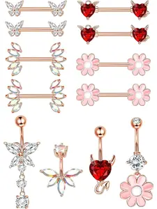 12PCS Nipple Rings Belly Button Rings for Women 14G 316L Surgical Stainless Steel Artificial Zircon Curved Navel Barbell Cute Butterfly Flower Belly Piercing Nipple Piercing Jewelry Set