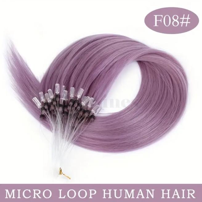 50pcs 30g Micro Loop Human Hair Extensions, Natural Straight, No Glue Easy Install, Vibrant Red Pink Green Blue Purple Gray, 12-28 Inches for Women Daily & Festive Hairstyles