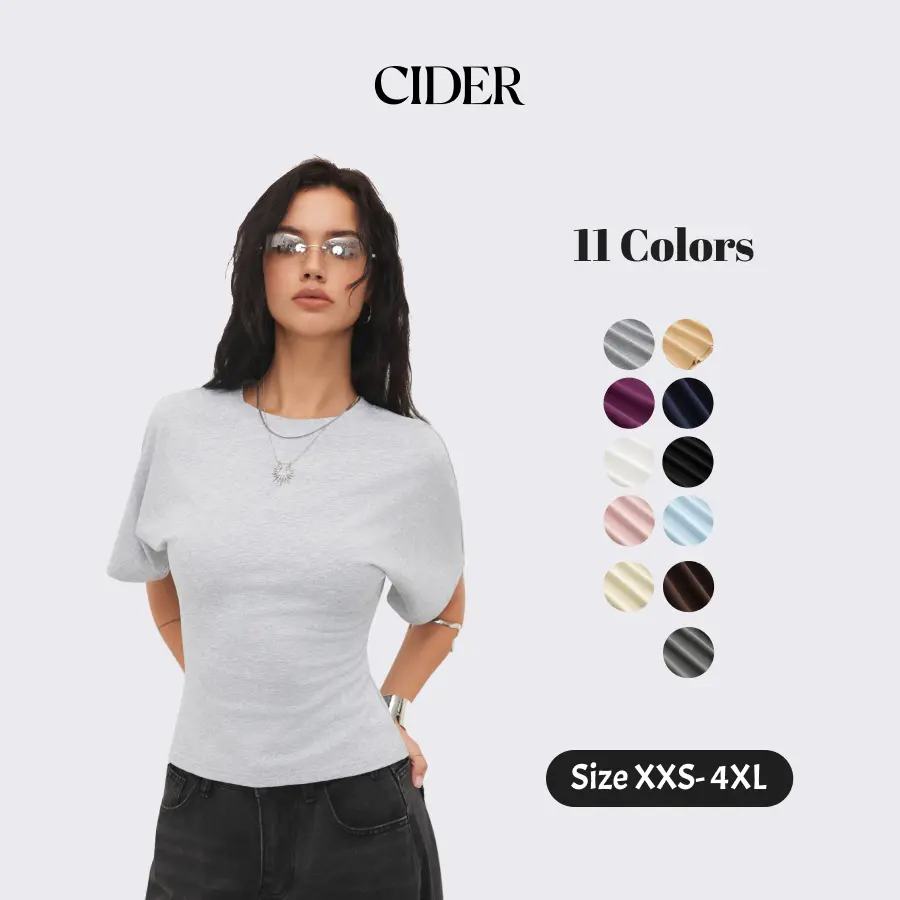 Cider Round Neckline Tee – Cotton Stretch Ribbed French Chic Women's Office Work Daily Casual Top, Summer Slim Fit Basic Short Sleeve T-Shirt SummerWins SummerFinds
