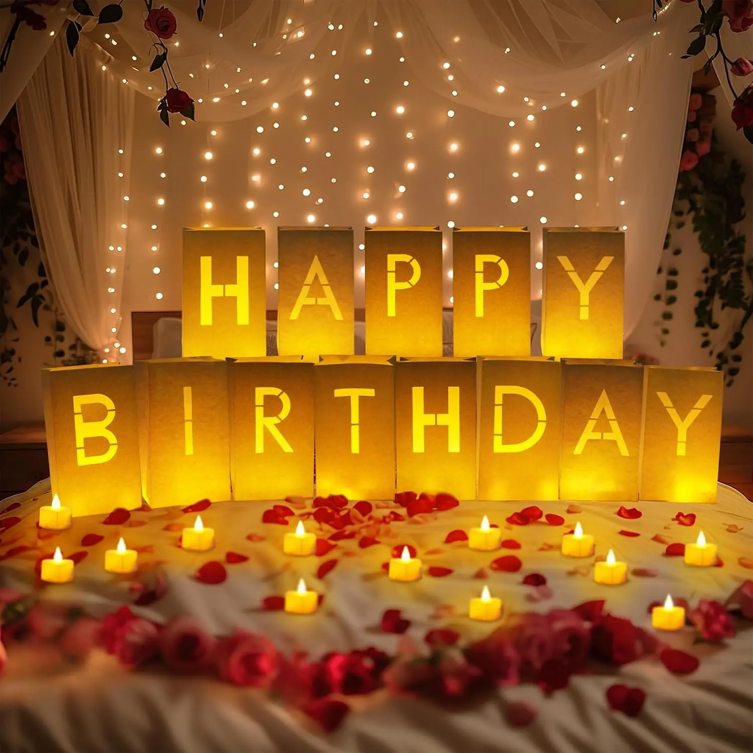 Homemory Happy Birthday Light-Up Letters Paper Bags Kit with Illuminated Candles, 2000 Fake Rose Petals & Party Lights, Festive Decor for Women (Summer Sale Deal)