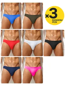 Three-piece sets in random colors. Solid-color, simple drawstring trunks for swimming. Nylon, comfortable, tight-fitting men's trunks. Bikini-style men's swimming trunks.