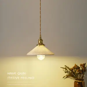 Ceramic Pendant Light, Nordic Simple Milk Brass Chandelier, Ceramic Fan Shape, Suitable for Kitchen Living Room Bedroom, Modern Mood Lighting