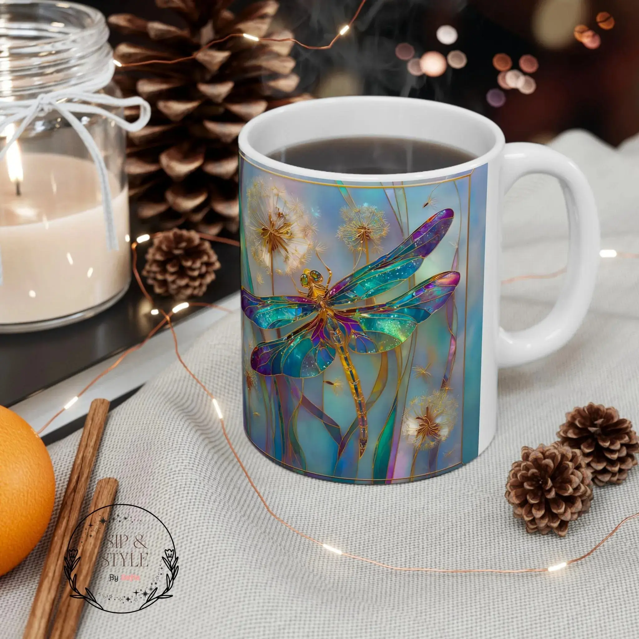 Dragonfly Stained Glass Mug, Iridescent Dragonfly Coffee Cup, Dandelion Nature Mug
