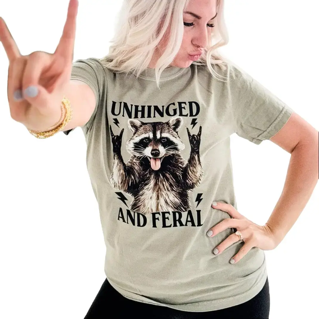Envy Stylz Boutique Women's Cotton Short-Sleeve Printed T-Shirt - Unhinged And Feral Raccoon Animal-Faced Graphic, Flattering Fit, Everyday Casual Top, Shortsleeve