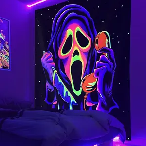 Horror Ghost Face Blacklight Tapestry, UV Reactive Tapestries Wall Hanging, Halloween Decoration Glow in The Dark Party Backdrop Tapestry for Bedroom, Living Room