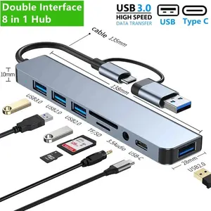 8-In-1 USB C Hub 3.0 High-Speed Expander with 4 USBPorts, SD/TF Card Reader & 3.5mm Audio, For MacBookPro iPad HP Laptop
