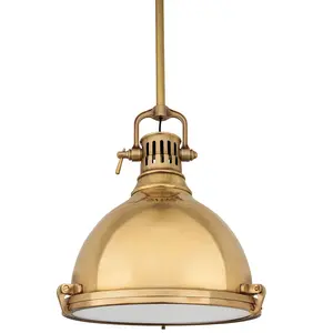 Large Pelham Pendant Light - Industrial Dome Shade with Glass Diffuser in Aged Brass or Polished Nickel