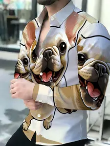 Men's Breathable French Bulldog Print Lapel Long Sleeve Button-Up Shirt