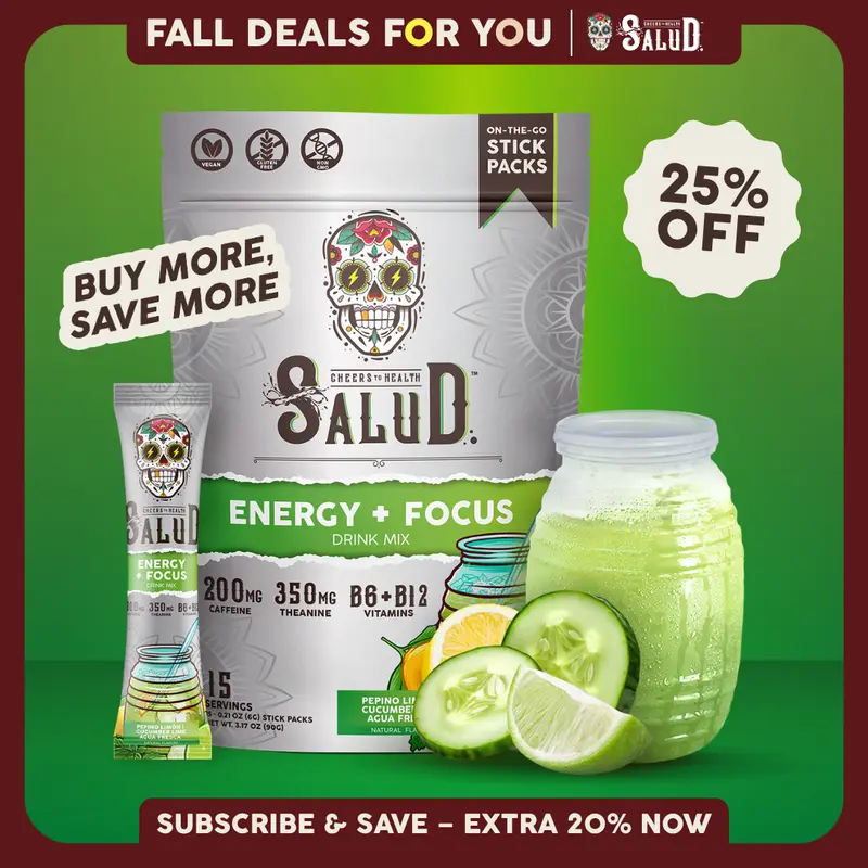 Salud 2-in-1 [Energy + Focus] Clean Energy Drink Mix, Agua Fresca,  Organic Caffeine, B6 & B12, L-Theanine, Drink Packets, Non-GMO, Gluten Free, Vegan, Low Calorie, 1g Sugar (15 Servings)