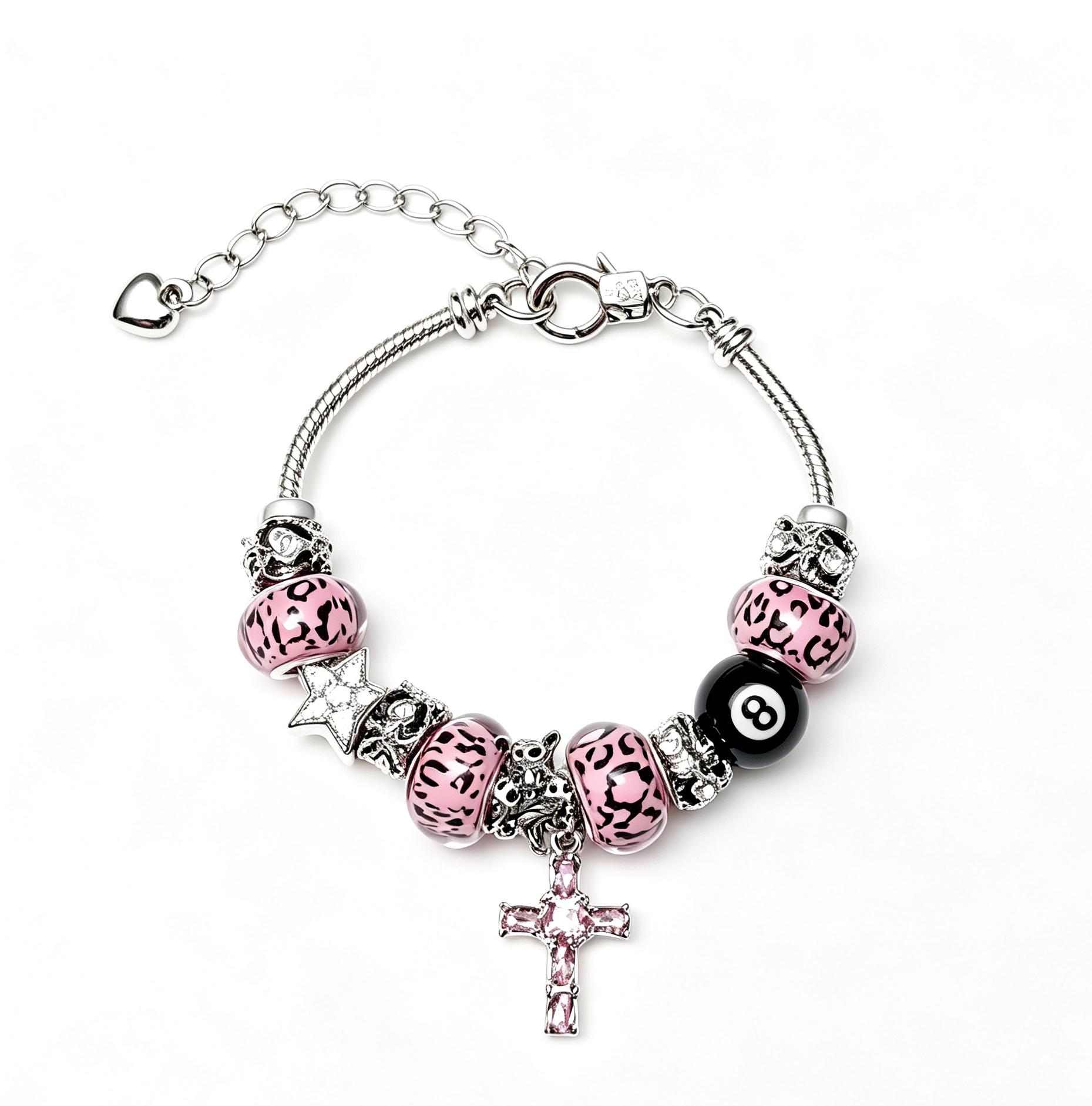 Pink Leopard Print Beaded Charm Bracelet, Black 8 Ball & Pink Crystal Cross Dangle Snake Chain Bracelet