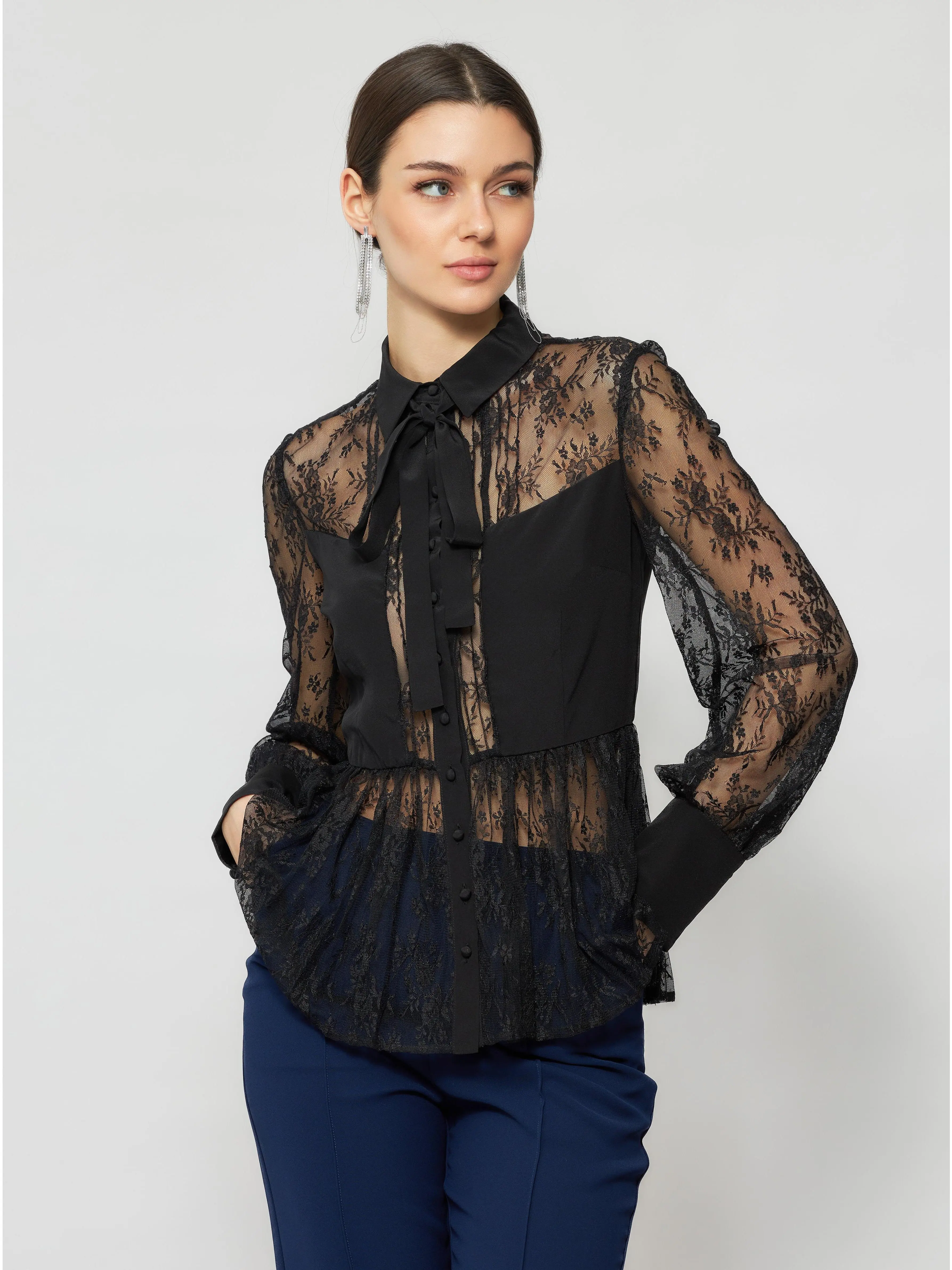 Laelia Pleated Lace Silk Blouse