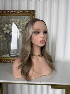 lovestory derek Mid-Length Layered Cut Lace Front Wig for Women, Ash Brown with Beige Blonde Highlights Synthetic Hair Wig, Glueless Wear and Go Everyday Wig
