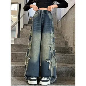 New[Girls' Wide-Leg Jeans] Blue Gradient Wide-Leg Jeans with Star Embroidery Patch |     Elastic Waist, Loose Fit Denim for Casual & Outdoor Activities |     Girls' Fashionable Polyester Denim Pants