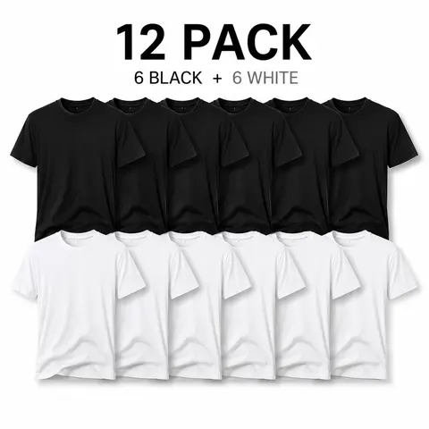 Men's 12-Pack Cotton Blend Retro Vintage Crew Neck Tees - Unisex Loose-Fit Baggy Short Sleeve Basic Streetwear Plain Soft Oversized Tops (6 Black + 6 White) for New Year, Tee,sohochic