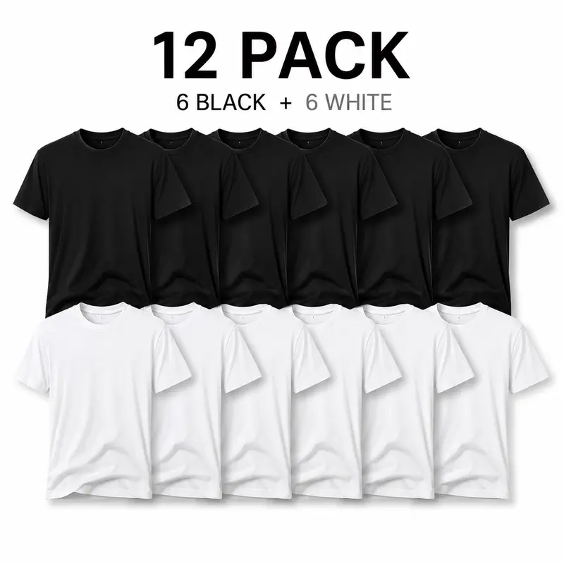 Men's 12-Pack Comfy Cotton Blend Short-Sleeve Plain T-Shirts - Minimalist Vintage Unisex Oversized Foldable Classic Crew Neck, Loose-Fit Summer Casual Streetwear Basic Gift Tops (6 Black+6 White)