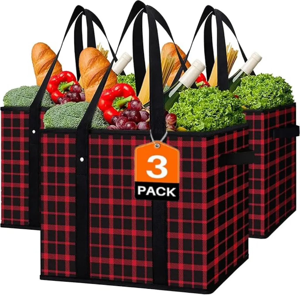 Reusable Grocery Bags 3 Pack,Large Grocery Tote Bag Water Resistant Shopping Bags Foldable Grocery Bag for Clothes,Shoes and Picnic,Red