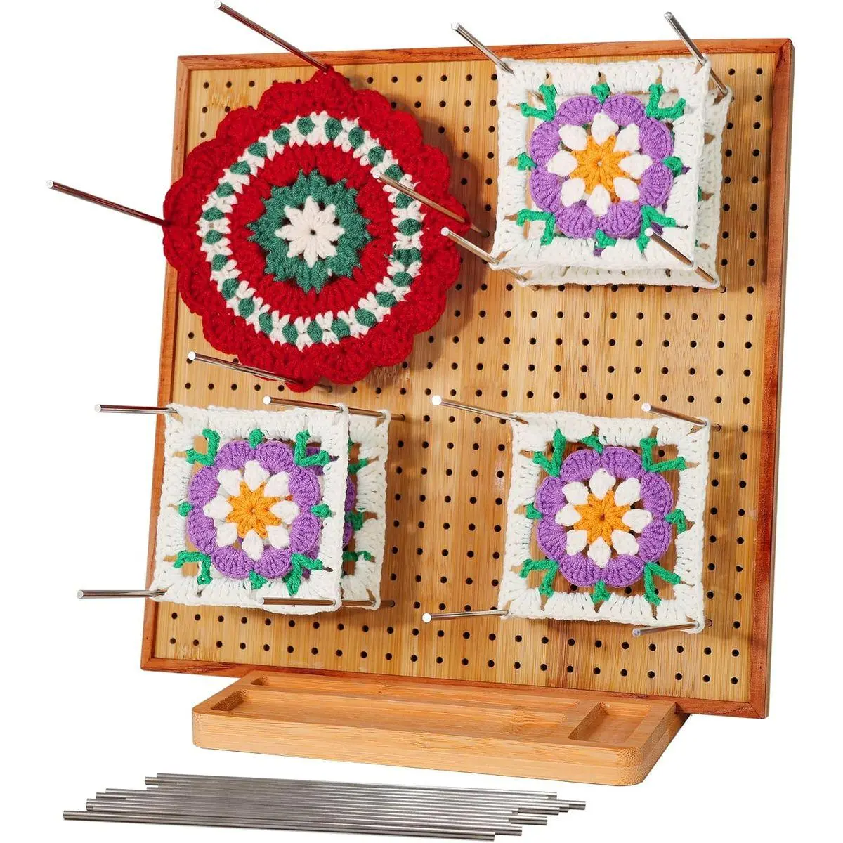 11.8" Crochet Blocking Board with 16 Pins/Pegs, Granny Square Blocking Boards for Crochet Projects, Wooden Crocheting Accessories Gifts for Crocheters