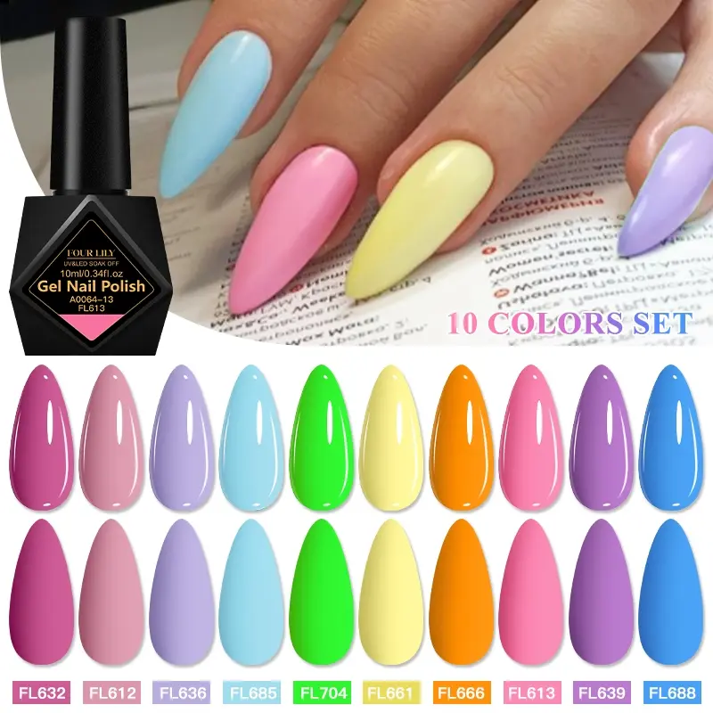 FourLily 10pcs New Popular Pure Color Gel Polish Sets - 10ml per bottle, Soak Off LED/UV Gel Nail Polish for Spring Summer Autumn Winter Nails, Salon Quality Manicure Nail Art Gel Varnish, Ideal Holiday Gift for Women and Girls
