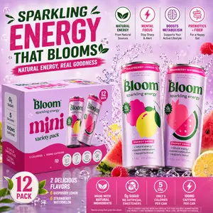 Bloom Nutrition Sparkling Energy Drink Minis, Raspberry Lemon & Strawberry Watermelon, 7.5oz 12 Pack