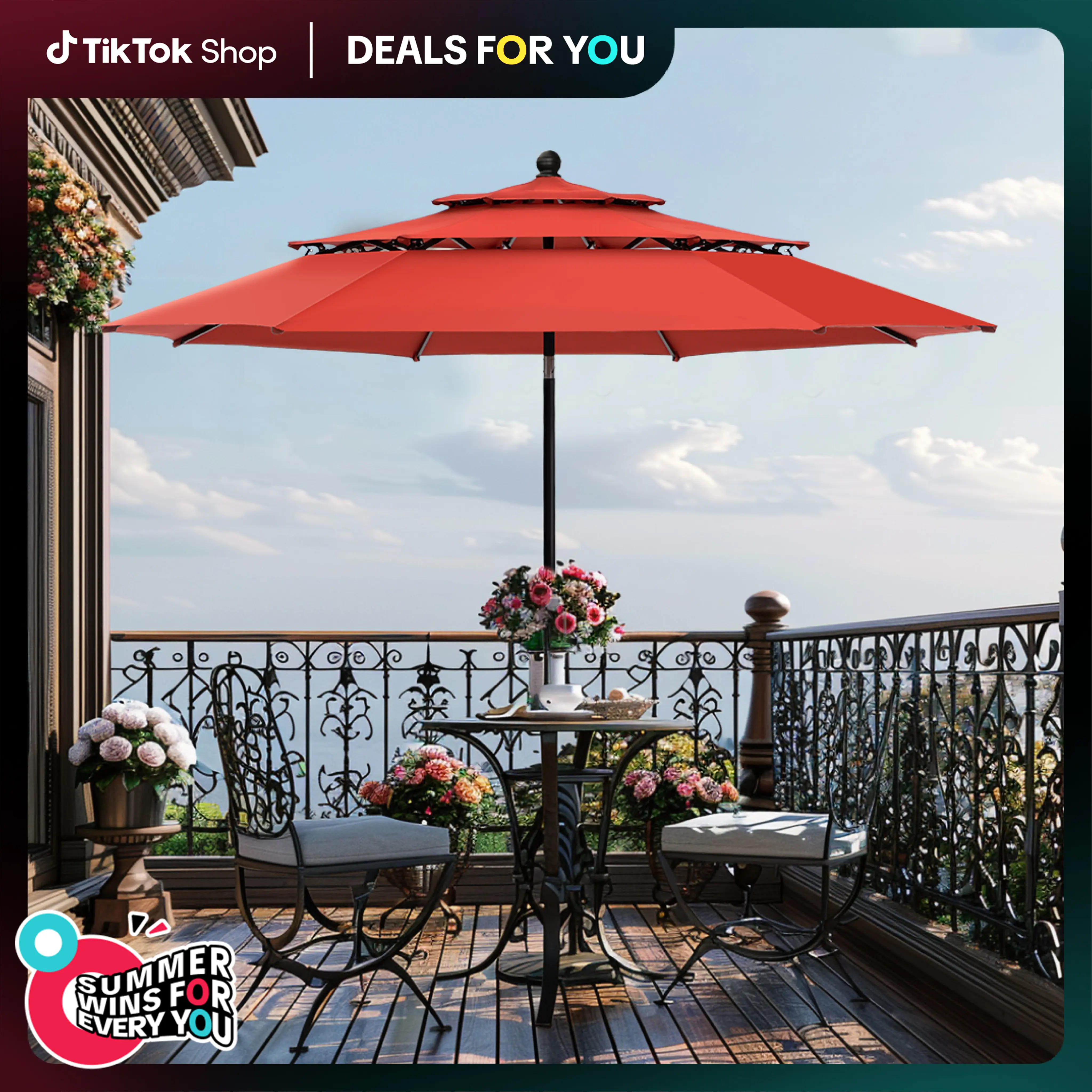 PHIVILLA Home 10ft Outdoor Umbrella with 1.5" Umbrella Pole (No Base), 8 Sturdy Ribs, Triple Vented Top, 100% Polyester Fabric, Auto-Tilt Design, Patio Lounge