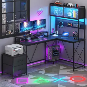 Home Office Computer Desk with Raised Display Stand, 2 Drawers and LED Glass Cabinets, Corner Desk with Printer Desktop&Power Outlet, L Shaped Gaming Desk with DIY Pegboard