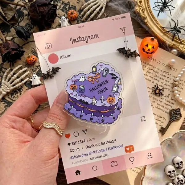 Halloween Girlie Phone Grip, Purple Vintage Heart Cake MagSafe PopSocket, Spooky Coquette Halloween Phone Socket, Cute Ghost Pumpkin Reader Gift