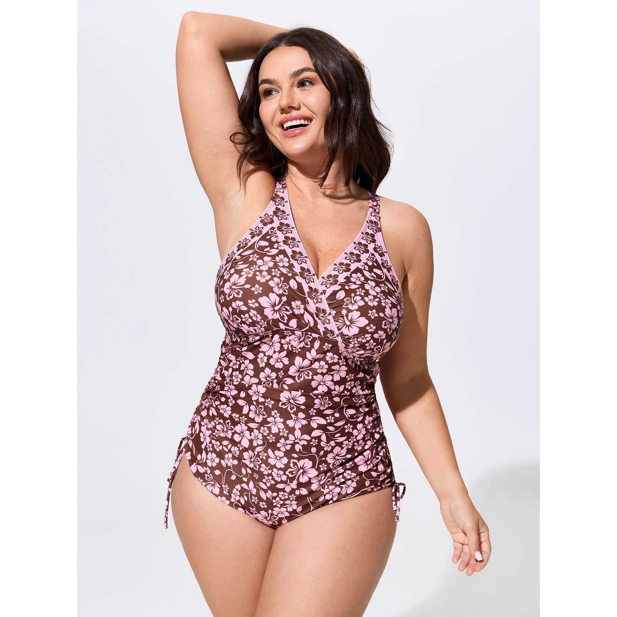 BLOOMCHIC Plus Size Floral Print Surplice Neck Ruched One-Piece Swim,Summerfinds