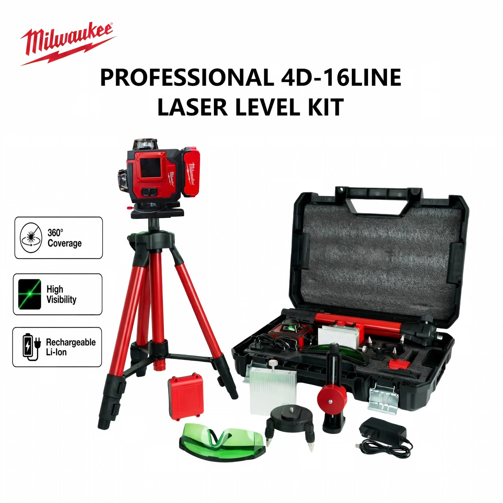 Milwaukee 4D 16-Line Green Laser Combo Kit - High Bright Green Light, Self-Leveling, IP54 Dust-Splash Resistance, 6000mAh Rechargeable Laser Measurement, Wall/Floor Tripod Mount Compatible, Portable for Ceiling Installation, Tile Paving
