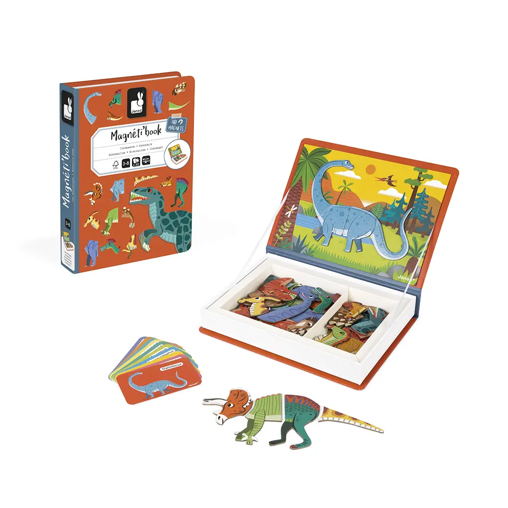 Janod MAGNETI'BOOK - DINOSAURS: Fun and Creative Magnetic Educational Game with 40 Magnets and 10 Dinosaur Cards